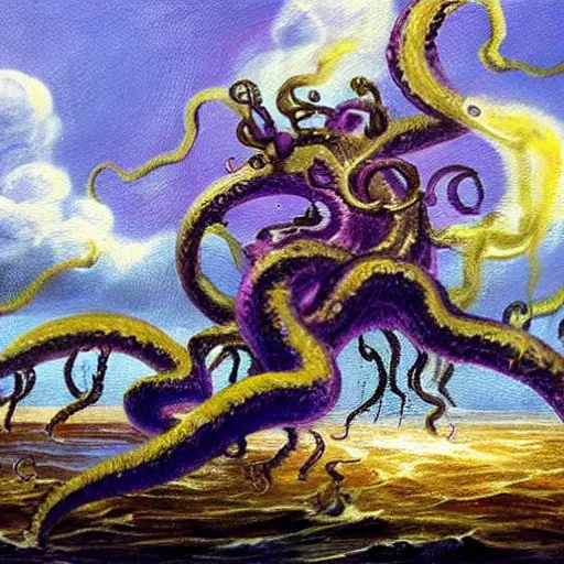Image similar to A painting of a terrifying kraken emerging at a fantasy port, in the style of Arcane, show-accurate