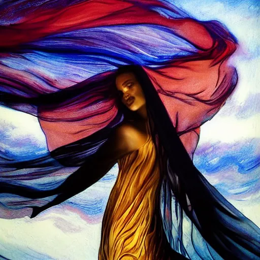 Image similar to filmstill, over the shoulder sketch photography of beautiful female body covered with swirling black translucent blanket blowing in wind, acrylic liquid colors, luxurious supermodel photoshooting, golden jewelry, bokeh, godrays, strong wind, wrinkles, sunrays, sunset, lens flares, monet, renoir, cold colors, concept art, abstract painting, sand dunes, melting victorian statue