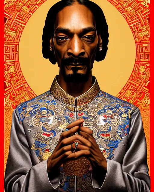 Image similar to portrait of snoop dogg, machine face, upper body, decorated with chinese opera motifs, asian, traditional chinese art, intricate, elegant, highly detailed, digital painting, artstation, concept art, smooth, sharp focus, illustration, art by artgerm and greg rutkowski and alphonse mucha, 8 k