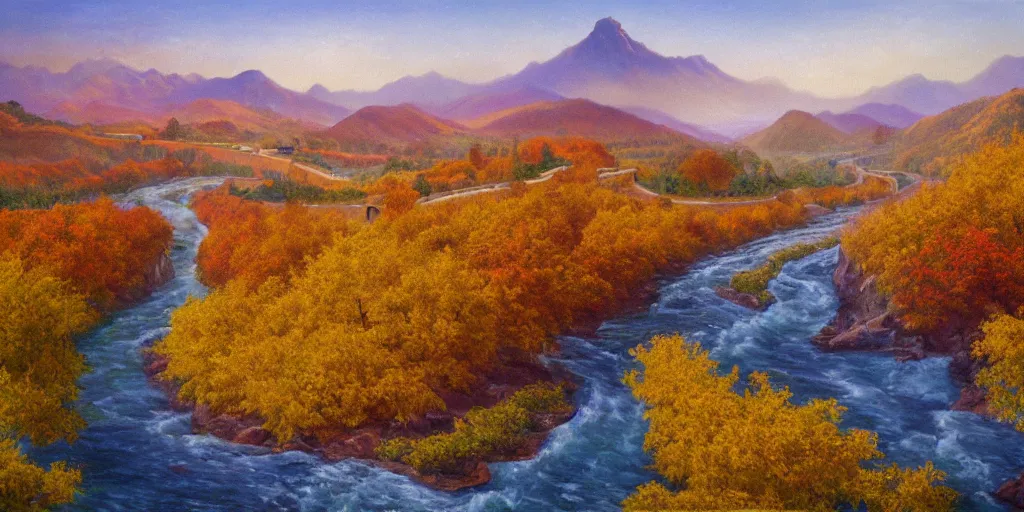 Image similar to painting of a FANTASY winery in BEIJING autumn, with a river winding through them. In the distance, there are mountains. by bob ross, Albert Bierstadt, oil on canvas, real photo taken with Polaroid camera, immaculate scale, hyper-realistic, trending on Artstation, 8k, detailed, atmospheric, immaculate