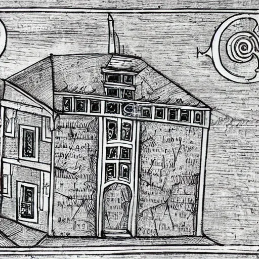 Image similar to medieval high detailed drawing of a jail made by a pen on an antique map paper