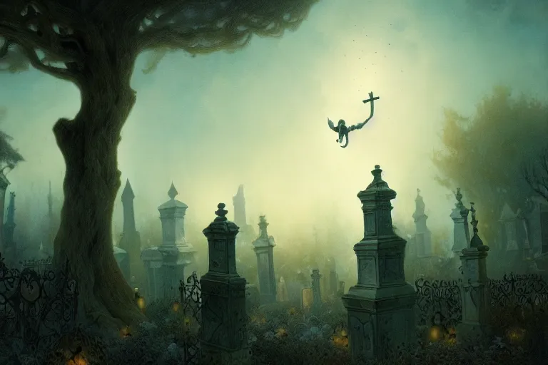 Image similar to casper the friendly ghost flying over a graveyard at midnight, cinestill, painted by james jean and gaston bussiere, very detailed and cute and cozy and transparent, backlight, fog, mist, trending on artstation, many other ghosts living in a haunted tree, haunted house in the background