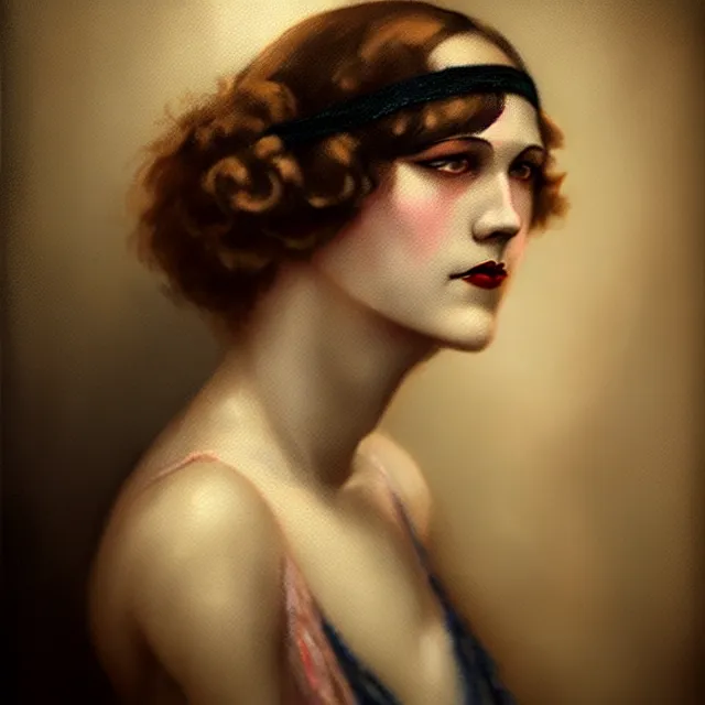 Prompt: 1 9 2 0 s flapper portrait, atmospheric lighting, painted, intricate, ultra detailed by leesha hannigan, thierry doizon, kai carpenter, well composed, best on artstation, cgsociety, epic, stunning, gorgeous, intricate detail, wow, masterpiece