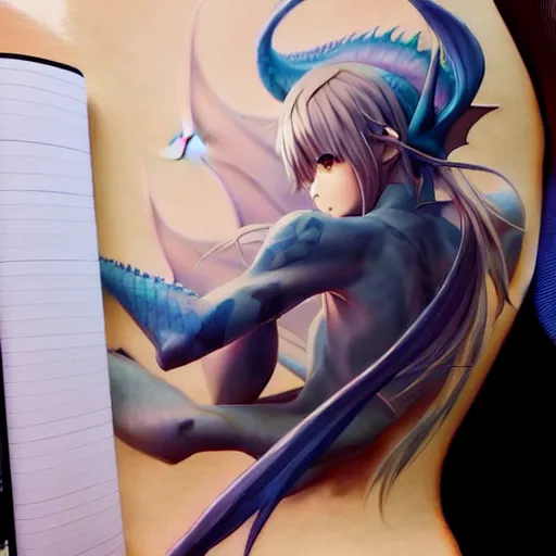 Image similar to a dragon tattoed in the back of a Blonde anime girl by artgerm, by makoto shinkai, by leiji Matsumoto, by Julie Bell, ultradetailed, charachter design, concept art, trending on artstation, smooth,