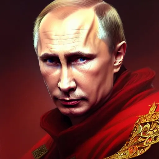 Image similar to Portrait of Putin, D&D, red eyes, face, fantasy, intricate, elegant, highly detailed, digital painting, artstation, concept art, smooth, sharp focus, illustration, art by artgerm and greg rutkowski and alphonse mucha