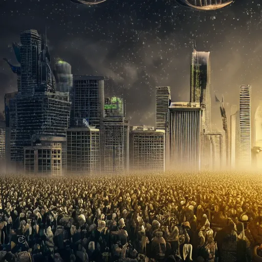 Image similar to 8 k photograph from a crowd of aliens, city, organic buildings,