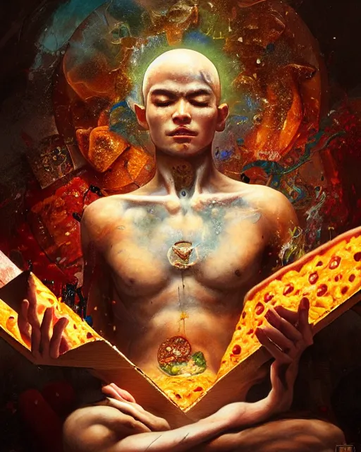 Image similar to detailed photo of meditating pizza monk, beautiful, 8 k, by tristan eaton, stanley artgermm, tom bagshaw, greg rutkowski, carne griffiths, trending on deviantart, hyper detailed, glorious lighting, epic environment