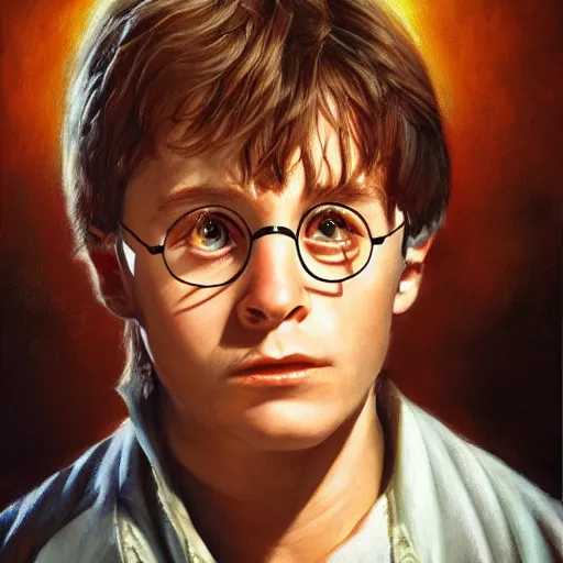 Image similar to detailed portrait of harry potter if his parents lived intricate, hyper detailed, realistic, oil painting, by julie bell, frank frazetta, cinematic lighting