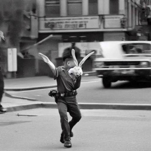 Image similar to a young man throwing a rabbit at a riot cop, leica m 9, voigtlander 3 5 mm, 1 9 6 0 s