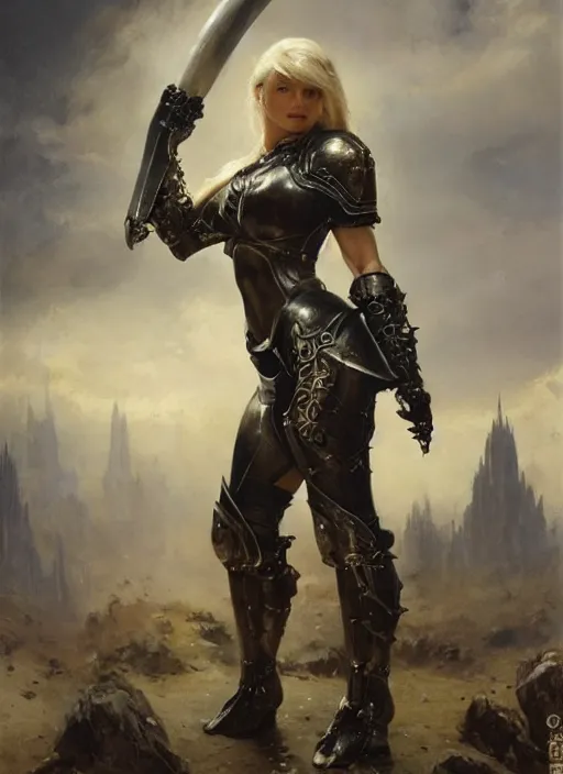 Prompt: blonde muscular woman wearing medieval black armour, detailed by gaston bussiere, bayard wu, greg rutkowski, giger, maxim verehin, greg rutkowski, masterpiece, sharp focus, cinematic lightning