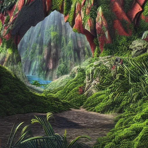 Image similar to digital art of a lush natural scene on an alien planet by dangiuz. extremely detailed render. beautiful landscape. weird vegetation. cliffs and water.