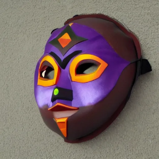 Image similar to nintendo 6 4, majoras mask realistic wearable mask. polygonal, realistic, being worn by a person