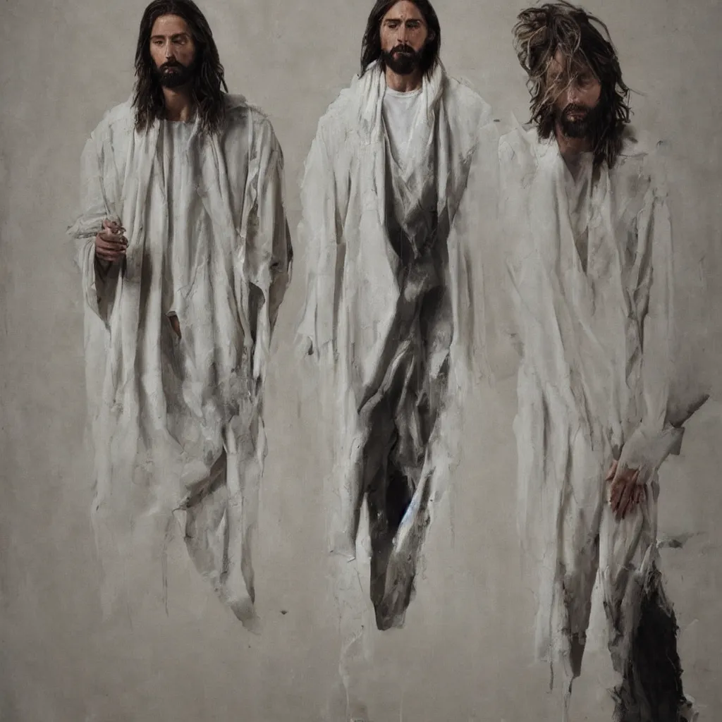 Image similar to a full body lookbook portrait of modern - day jesus wearing cream yeezy and fear of god menswear collection by nicola samori, detailed, oil painting, hyper - realistic, 8 k, yeezy collection