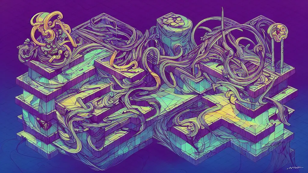 Image similar to arcane twisted turn of fate abstraction, centered award winning ink pen illustration, isometric abstract illustration by dan mumford, edited by craola, technical drawing by beeple and tooth wu, tiny details by artgerm and watercolor girl, symmetrically isometrically centered