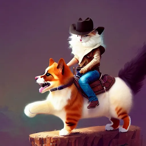 Image similar to fluffy cat in cowboy hat like a tiny girl riding on the back of a giant corgi by greg rutkowski