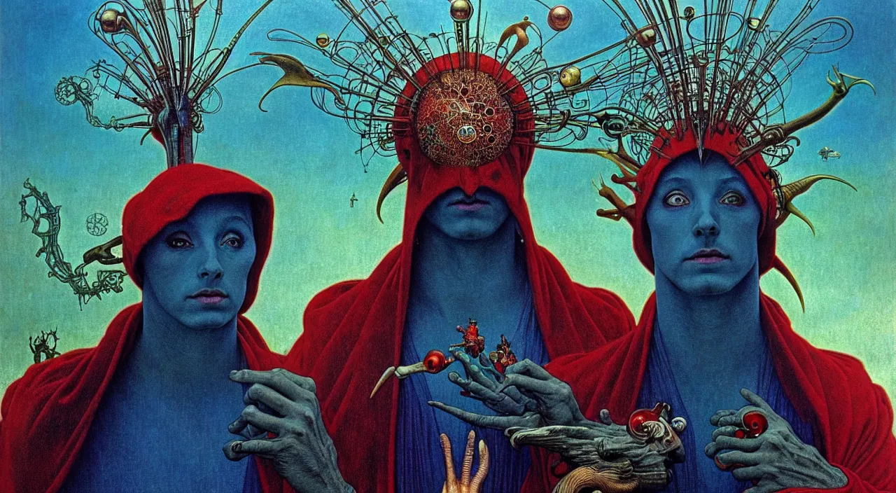 Image similar to realistic detailed portrait movie shot of a birdman wearing dark robes, sci fi city landscape background by denis villeneuve, amano, yves tanguy, alphonse mucha, ernst haeckel, max ernst, roger dean, masterpiece, rich moody colours, blue eyes, occult