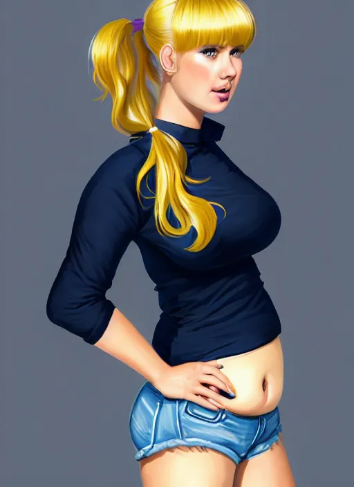 Prompt: full body teenage betty cooper, blonde hair, obese, bangs, ponytail, sultry, realistic, sultry smirk, ponytail, fluffy bangs, curly bangs, fat, belly, beautiful girl, intricate, elegant, highly detailed, digital painting, artstation, concept art, smooth, sharp focus, illustration, art by wlop, mars ravelo and greg rutkowski