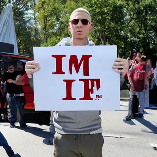 Image similar to eminem with a sign saying i love nfts