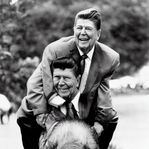 Prompt: trump getting a piggy - back ride from ronald reagan