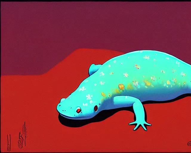 Image similar to a painting of an axolotl by guy billout