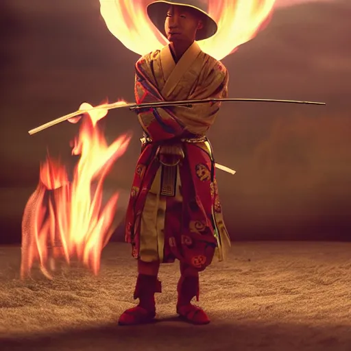 Image similar to cinematic film still Pharrell Williams starring as a Samurai holding fire, Japanese CGI, VFX, 2003, 40mm lens, shallow depth of field,film photography