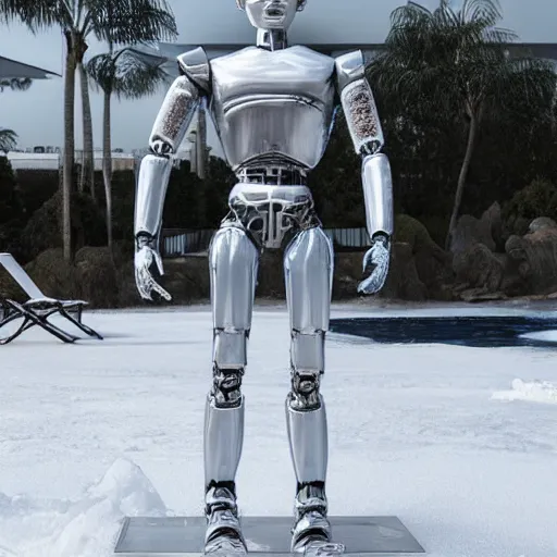 Image similar to made of ice, a realistic detailed photo of a guy who is an attractive humanoid who is half robot and half humanoid, who is a male android, on display, blank stare, showing off his muscles, shiny skin, posing like a statue, by the pool, frozen ice statue, twitch streamer / gamer ludwig, humanoid robot