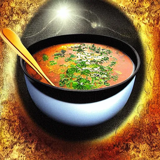 Prompt: a bowl of soup that has a portal to another world in it, digital art