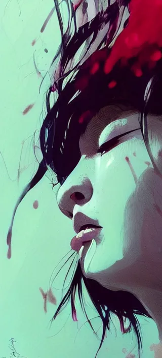 Image similar to profile view closeup!! of thick smoke from the lips of a young filipino woman, closeup, thick swirling smoke, by conrad roset, long paint brush strokes, dramatic lighting, painting trending on artstation