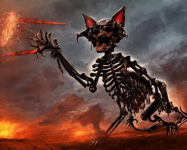 Image similar to an epic action concept masterpiece of demented skeletal cat, inspired by sd ai, digital art, horrific cinematic lighting, 4 k