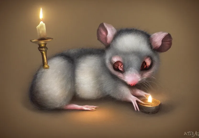 Prompt: cute possum in its pajamas sleeping in a bed in a medieval bedroom at night under the dim light of a candle, dark fantasy, dreaming illusion, trending on artstation