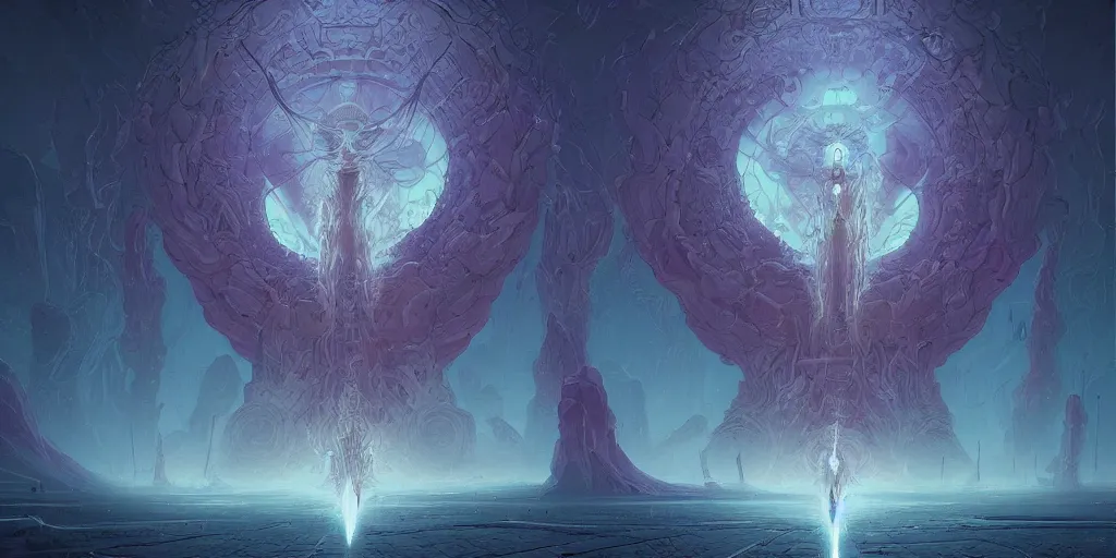 Image similar to ethereal the final boss encounter by jean giraud + beeple + insanely detailed, illustrated by kentaro miura, poster, peter mohrbacher, pastel color, symmetrical