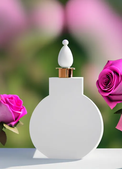 Image similar to perfume bottle standing in white enchanted garden of pink flowers, roses in an ivory room well contoured smooth fair walls, up close shot, sharp focus, global illumination, radiant light, surral photography, octane highly render, 4 k, ultra hd,