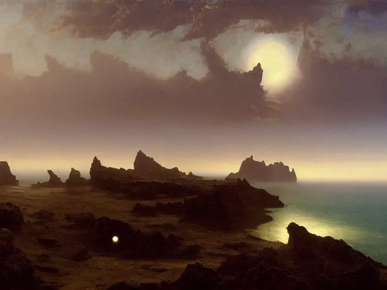 Image similar to an oil painting of an alien planet and the coastline of a black ocean at dawn, beautiful sky by beksinski carl spitzweg and tuomas korpi. baroque elements, full-length view. baroque element. intricate artwork by caravaggio. Trending on artstation. 8k