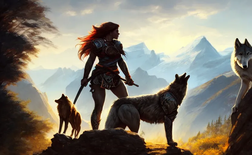 Image similar to a warrior resting axe on her shoulder standing next to a wolf, female, looking onto the horizon, fall, mountain landscape, portrait by magali villeneuve and ames jean and artgerm and greg rutkowski, 4 k, artstation, realistic, cinematic composition, d & d