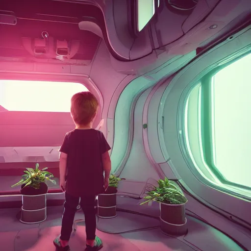 Image similar to little boy looking at some plants inside a spaceship, 3 d render, unreal engine, cinematic, octane scifi