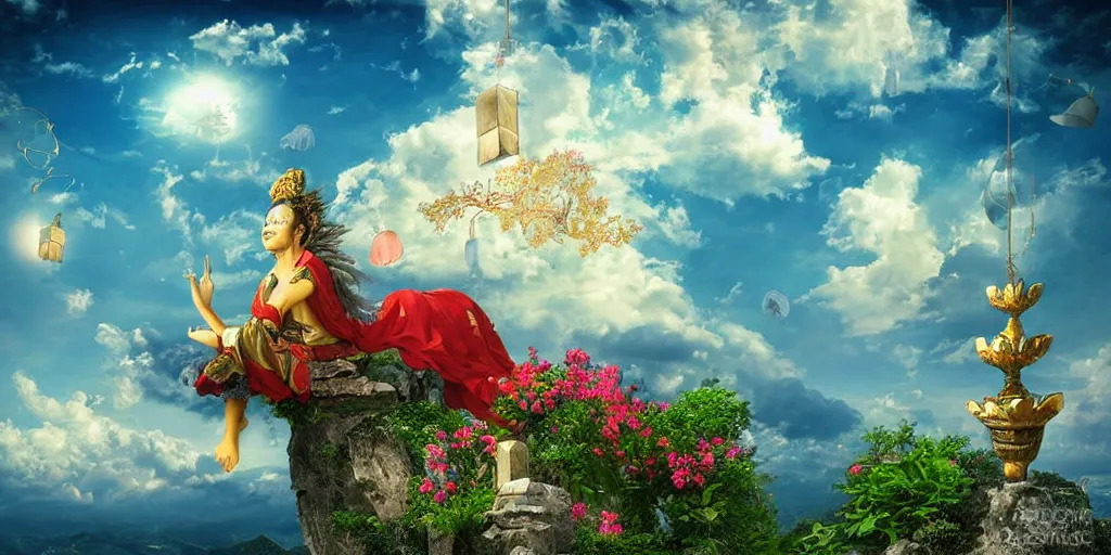 Prompt: wind deity enjoying the view from his stone heavenly palace, decorated with windchimes and paper lanterns, stunning nature and clouds in background, digital art, detailed