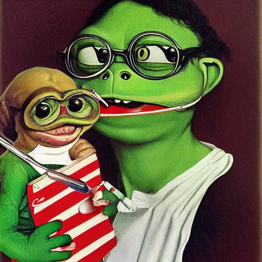 Image similar to pepe the frog at the dentist by norman rockwell