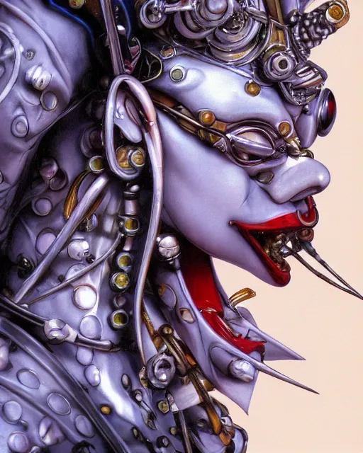 Image similar to jester, harlequin by yoshitaka amano, by masamune shirow, biomechanical, profile portrait, 4 k, wide ayes, hyper detailed, hyperrealism, anime