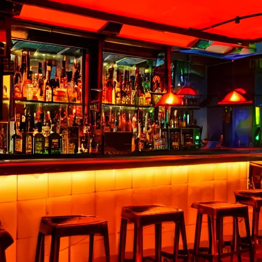 Prompt: a full shot of a bar with orange lighting, nighttime