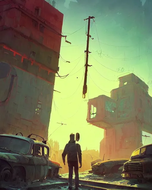 Image similar to a beautiful painting of apocalyptic soviet ruined city, by simon stalenhag, cory loftis, james gilleard, atey ghailan, rim light, exquisite lighting, clear focus, very coherent, plain background, soft painting