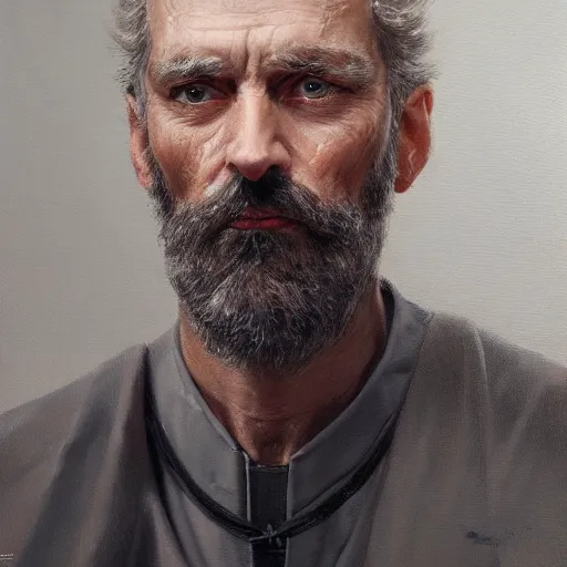 Prompt: An oil painting of a man dressed in priest robes, 50 years old, short grey hair, trimmed beard, sharp facial features, beautiful, highly detailed, by Cédric Peyravernay, by greg rudkowski, trending on artstation