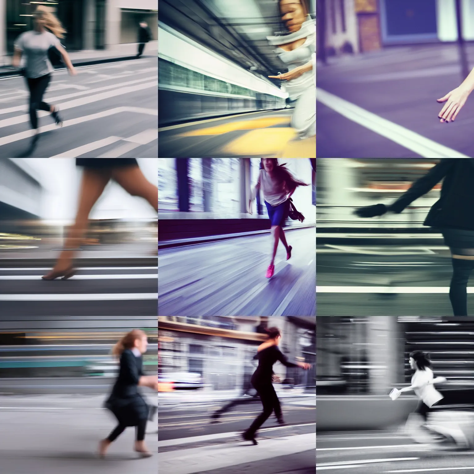 Prompt: a woman rushing off work, hands typing fast to the appearance of motion blur