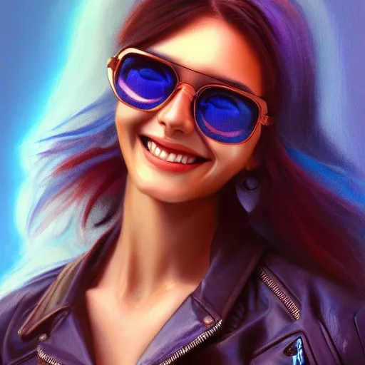 Prompt: closeup painting of a very beautiful young mexican cyberpunk woman smiling, wearing light blue shades and a leather jacket, one side haircut, long brown hair with light blue ends, portrait, hyperdetailed, artstation, cgsociety, 8 k, synthwave by tangerine dream