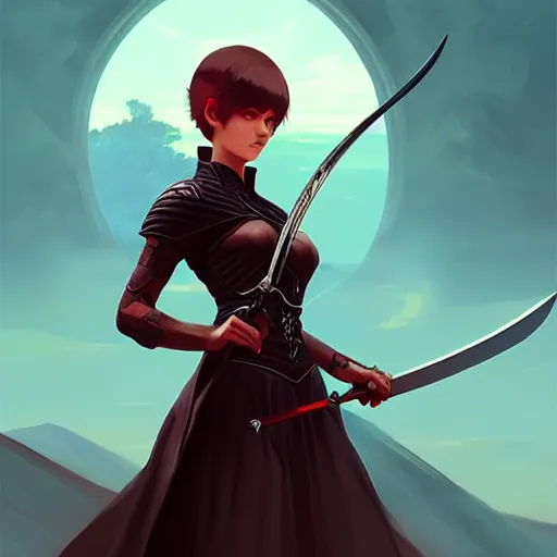 Image similar to a woman holding a sword with a dragon on it, concept art by Ilya Kuvshinov, contest winner, fantasy art, official art, concept art, high detail, experimental, high quality, hyperrealistic, 4k