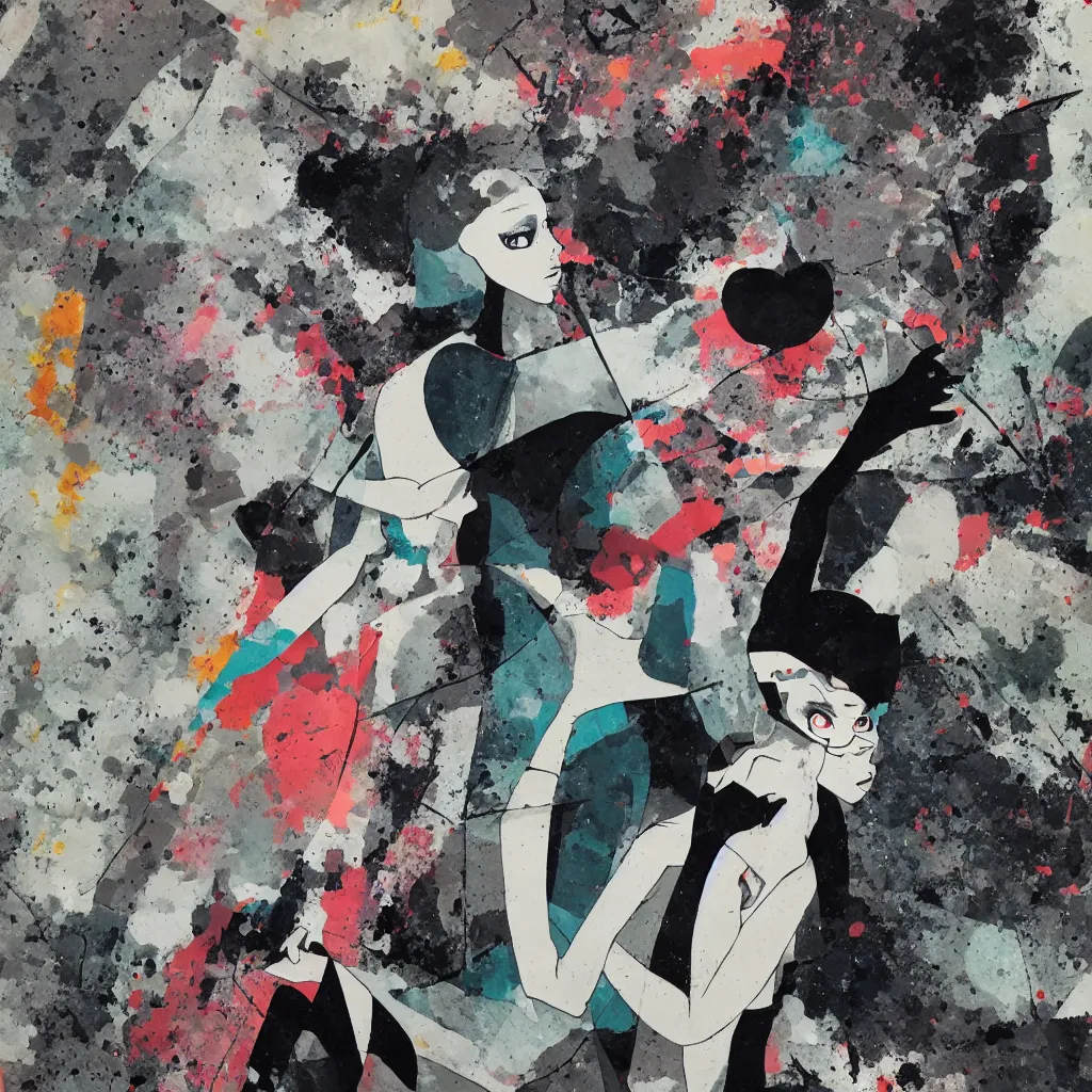 Image similar to girl figure, abstract, jet set radio artwork, ryuta ueda artwork, cryptic, rips, spots, asymmetry, stipple, lines, splotch, color tearing, pitch bending, stripes, dark, ominous, eerie, hearts, minimal, points, technical, old painting, natsumi mukai artwrok, folds