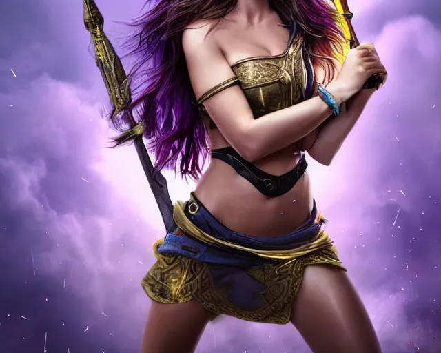 Prompt: cute Miranda Kerr in epic heroic pose with weapon, cinematic, 4k, hyper realistic, super detailed, colorful accents, purple hair, golden ratio, symmetrical face, highly detailed professional photo, centered, vray caustics, hyper realistic by Sandra Chevrier