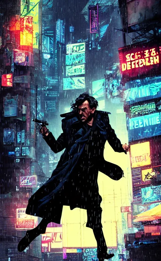 Prompt: Grizzled Trenchcoat detective leaping into the rain. Dynamic, delirious, creative panel style by Bill Sienkiewicz. Heavy chromatic abberation. Visual distortion. Sci-Fi cyberpunk Comic page made up of art by the best artists Trending on Artstation. Octane render, Raytracing, 3d masterpiece, fantastic lighting by James Gurney. Noir detective genre.