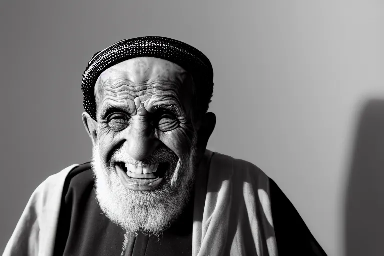 Prompt: still photo of an arab old man smiling at the camera on the street, black and white color aesthetic, highly detailed, photorealistic portrait, bright studio setting, studio lighting, crisp quality and light reflections, unreal engine 5 quality render