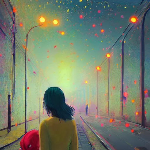 Image similar to giant daisy flower head, woman walking in a modern city, surreal photography, night, neon light, impressionist painting, digital painting, artstation, simon stalenhag