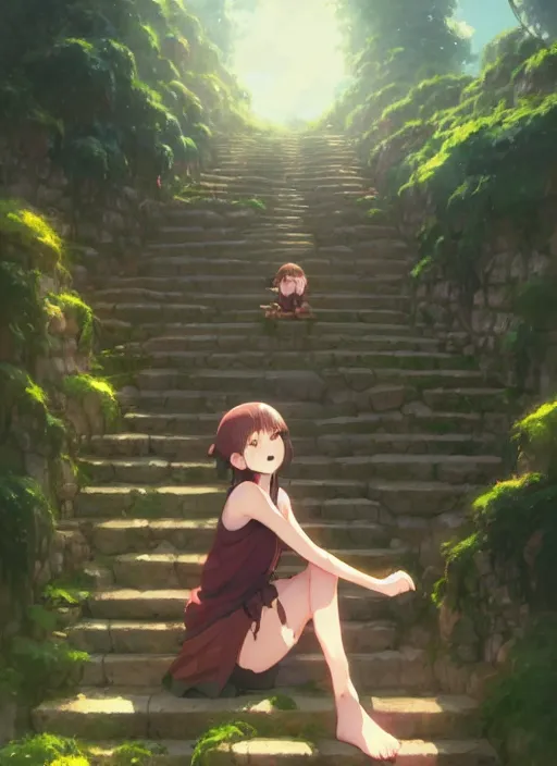 Prompt: girl sitting on a stone stair under a vine rack, illustration concept art anime key visual trending pixiv fanbox by wlop and greg rutkowski and makoto shinkai and studio ghibli